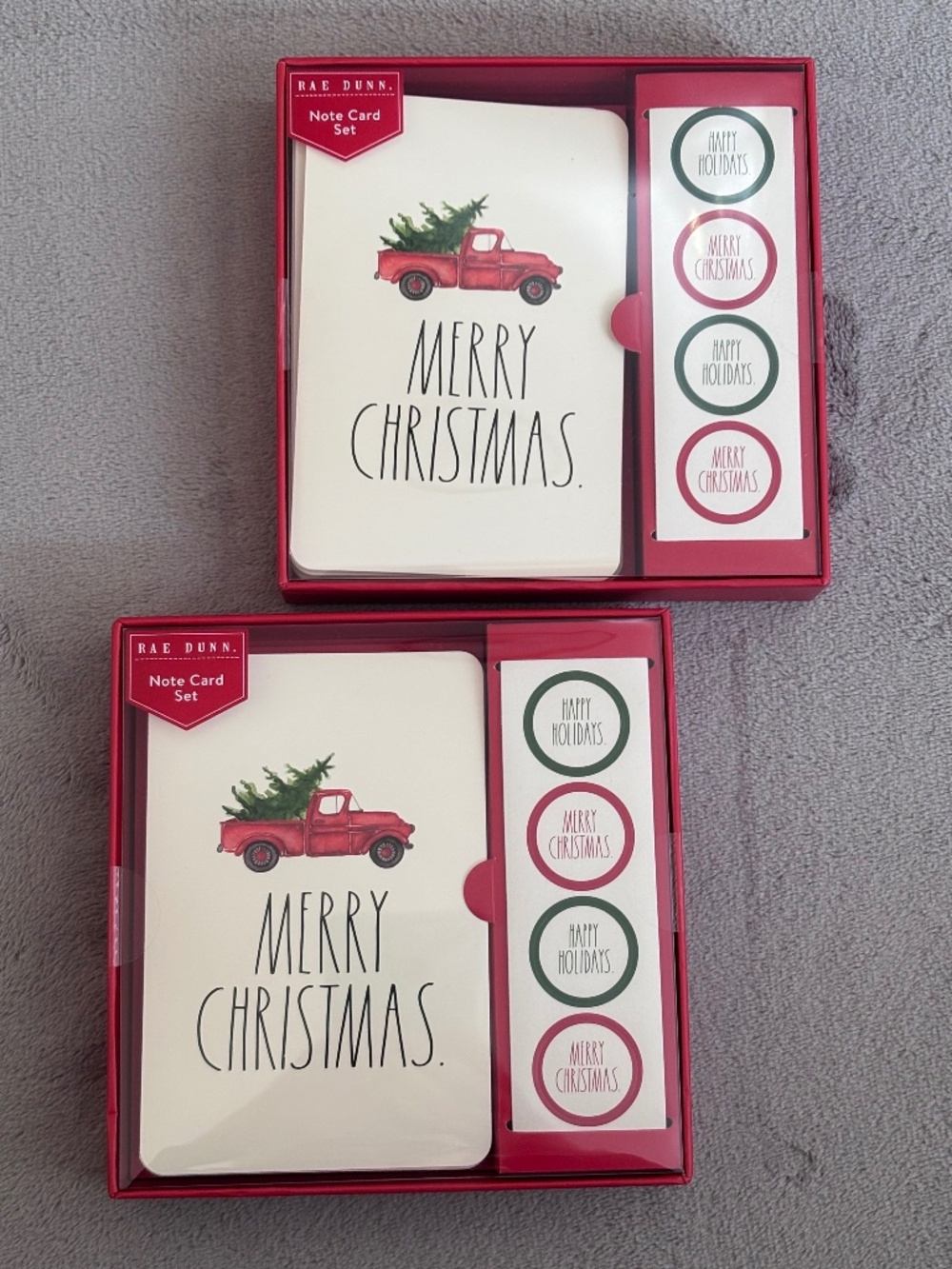 (2 LOT) Rae Dunn Merry Christmas 12 Note Card Set Red Truck & Tree w/Stickers